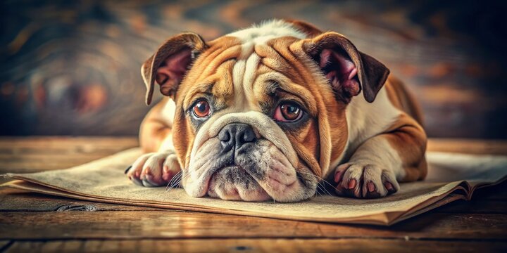 Adorable Bulldog Puppy on Vintage Lined Paper Background - Macro Photography