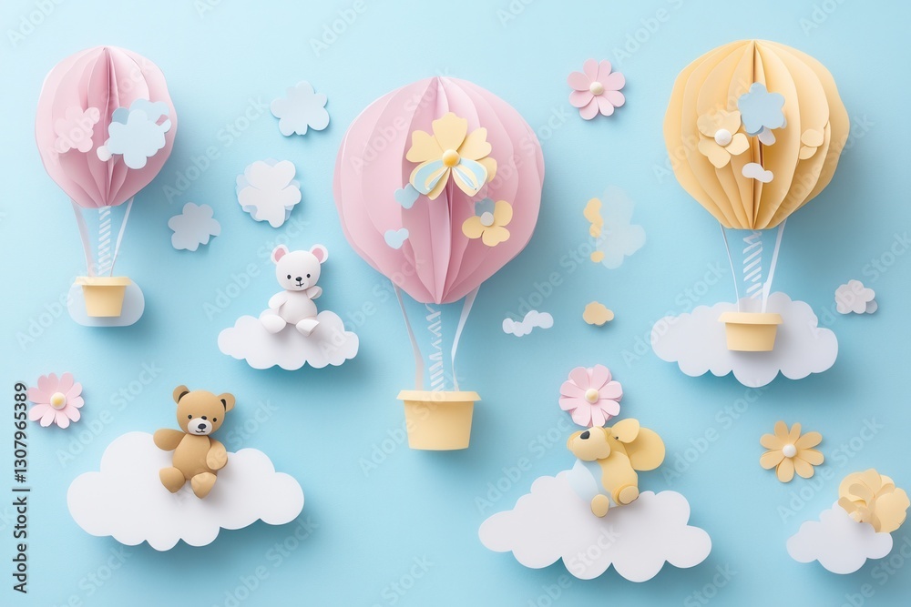 Poster colorful balloons and playful clouds create a whimsical atmosphere in a pastel colored childrens roo