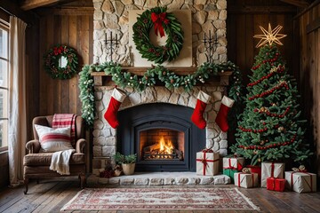 Fototapeta premium Rustic Fireplace Holiday Wallpaper with Festive Garlands and Stockings Decor