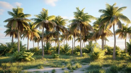 Fototapeta premium Tropical beach sunset, palm grove, lush vegetation