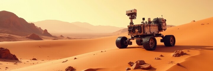 Robotic rover traverses rusty Martian dunes under a pale sky , arid, scientific, discovery