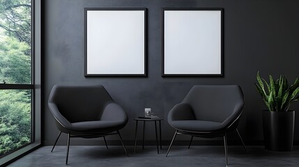 Two blank white poster mockup in a modern office. 3d rendering