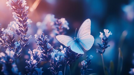 White Blue Butterfly on Beautiful Flowers
