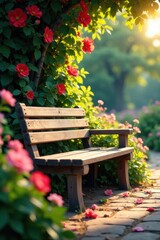 Naklejka premium Sun-drenched wooden bench amidst vibrant blooms, background, outdoors