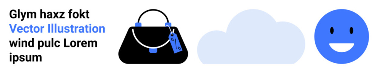 Black handbag with tags, blue smiling face, and soft cloud. Ideal for fashion, emotion, weather, minimalism, social media branding lifestyle. Flat landing page banner
