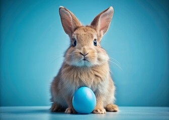 Obraz premium Adorable Easter Bunny Holding Blue Egg, Spring Holiday Photo