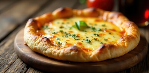 Crispy crust, melted cheese, wine aroma, wood grain, pizza, Italy, background
