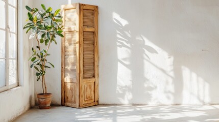 Fototapeta premium Sunlight illuminates a room corner with a plant and wooden screen.