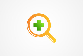 Medical Search logo template. Health Analysis Symbol. Minimalist magnifying glass and Cross Icon usable for Hospital, Clinic, Medic, Research, Solution, inspiration, Analysis, Finder