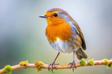 Fototapeta premium Adorable European Robin Bird Perched on Twig, Spring Wildlife Photography