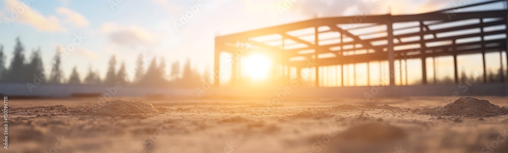 Poster sunrise illuminates a construction site with a steel framework against a scenic backdrop of trees.
