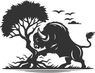A buffalo pushing a tree down in a fit of rage animal vector silhouette