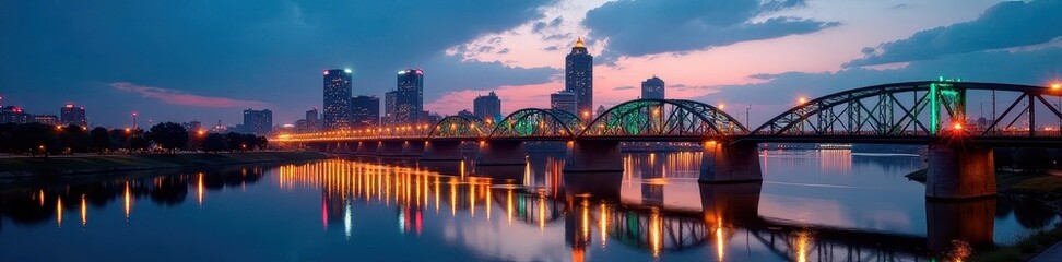Fototapeta premium Illuminated Fort Wayne bridges and buildings at dusk, wide aerial perspective , Fort Wayne, urban landscape, architecture