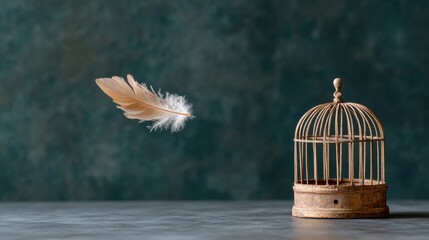 A single feather floats in mid-air near an empty birdcage, symbolizing freedom and escape.