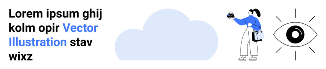 Woman holding a camera, cloud icon in the center, radiating eye symbol on the right. Ideal for technology, data storage, vision, surveillance, creativity, digital tools flat landing page banner