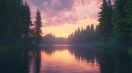 Fototapeta premium Serene sunset over a tranquil lake in a pine forest.