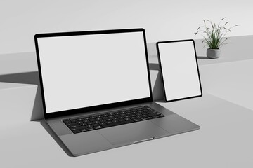 Modern desktop personal computer, laptop, and tablet mockup with blank screens