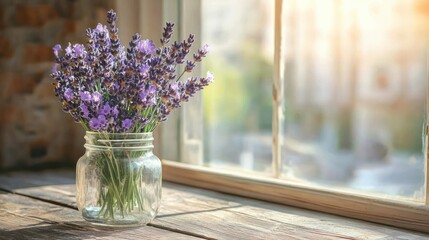 Lavender bouquet in glass jar on windowsill.