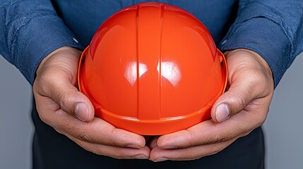 Weathered Hands Holding an Orange Hard Hat