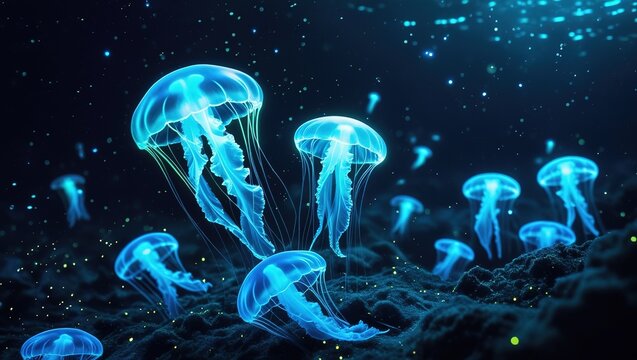 underwater scene with coral riff fishes and jellyfish
