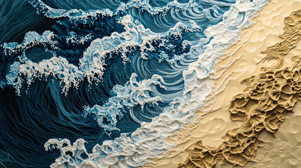 Naklejka premium Aerial view of ocean waves crashing onto a sandy beach under natural light.