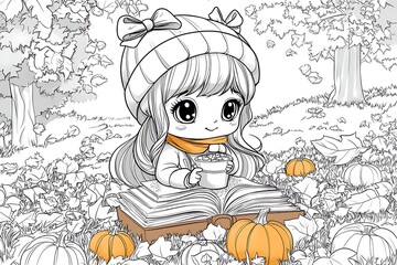 Girl reads autumn book amidst pumpkins