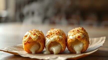 Three crispy mozzarella sticks on cardboard, melting cheese, soft cinematic haze, dreamy atmosphere, soft focus, hazy background