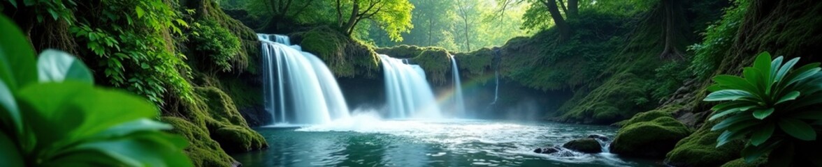 Obraz premium Dense foliage surrounds the roaring waterfalls, forest, plants