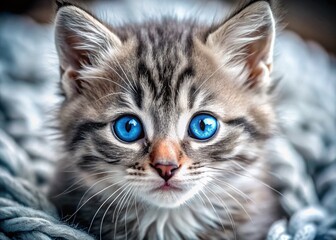 Adorable Grey Kitten with Striking Blue Eyes - Macro Photography