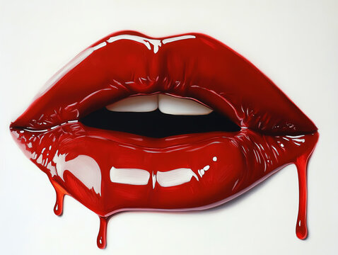 Artistic depiction of luscious red lips with vivid gloss and dripping texture.