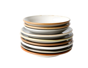 Obraz premium Stack of colorful ceramic plates isolated on transparent background