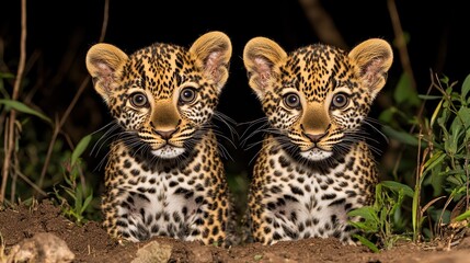 Fototapeta premium Twin Leopard Cubs Hiding in African Night