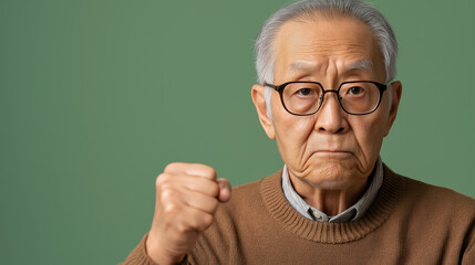 Elderly asian man showing intense anger, gripping fist tightly against emerald background, revealing raw emotional intensity and defiant stance