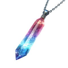 A crystal pendant glowing with magical energy, isolated on a white background.