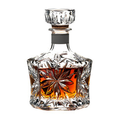 A crystal decanter filled with deep amber whiskey, glistening under soft golden light, isolated on...