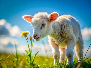 Obraz premium Adorable Lamb Grazing in Spring Meadow - Cute Farm Animal Stock Photo