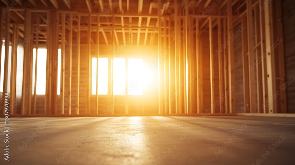 Aufkleber sunlight streams through wooden framing in an empty interior space, highlighting construction progre