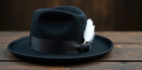 Elegant black leather fedora, single white feather, rests on dark wood , detail, vintage, dark
