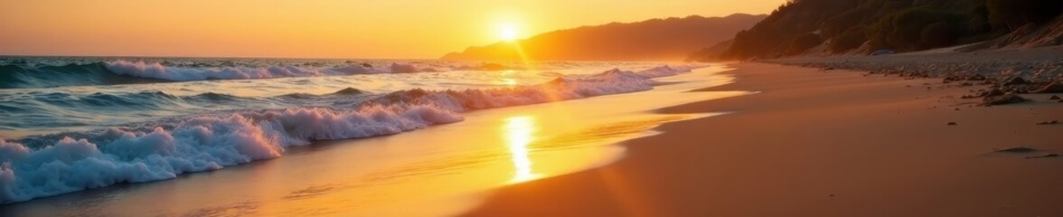 Golden sand, gentle waves caress the shore at sunset , waves, peaceful