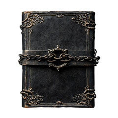 A dark grimoire sealed with chains, isolated on a white background.
