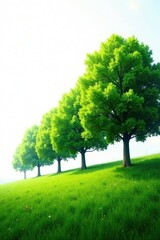 Fototapeta premium Lush green trees in a line against a bright white sky , environment, outdoor, clean