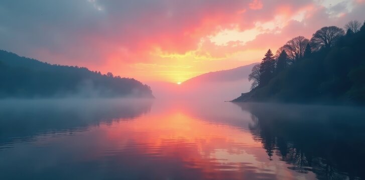 Misty sunrise over calm harbor, fog shrouds distant shore, dock, blue