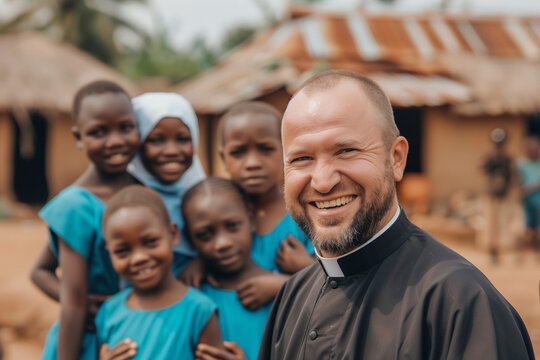 Volunteer Missionary Priest Surrounded by Happy African Children in Remote Village Showing Christian Love and Humanitarian Kindness