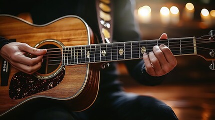 Obraz premium Acoustic guitar player indoors, candlelight