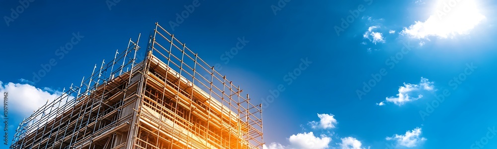 Poster scaffolding structure against a bright blue sky with clouds and sunlight.