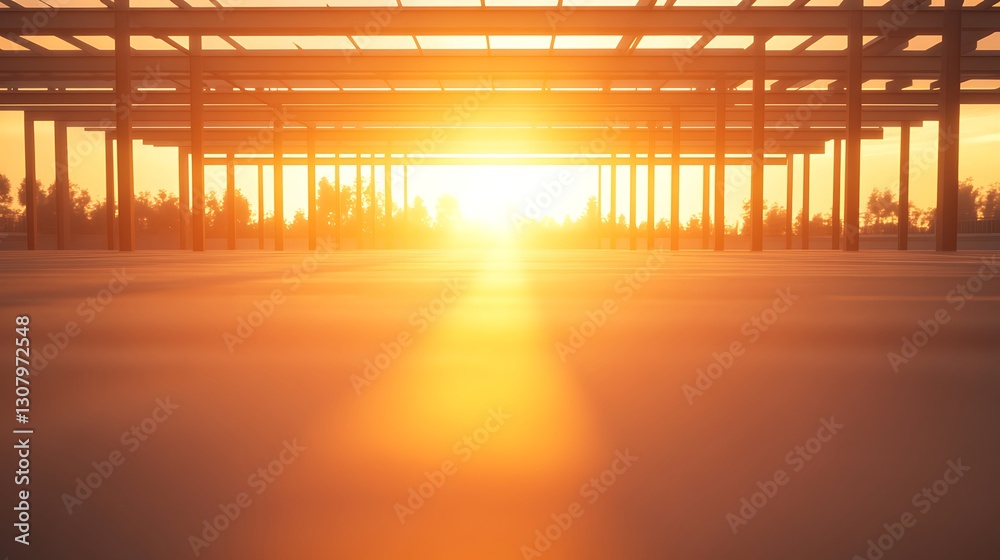 Fototapete sunset view through a structured framework, casting warm light and shadows on the ground.