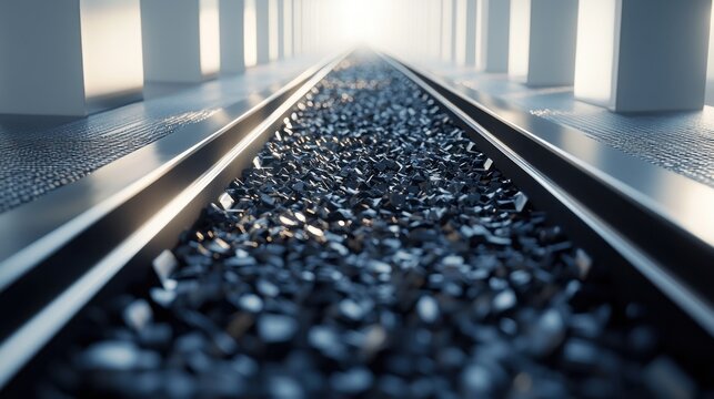 Train tracks receding into a bright light.