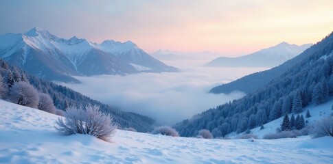 Obraz premium Snowy morning with misty mountains and foggy valleys, cloudy, misty