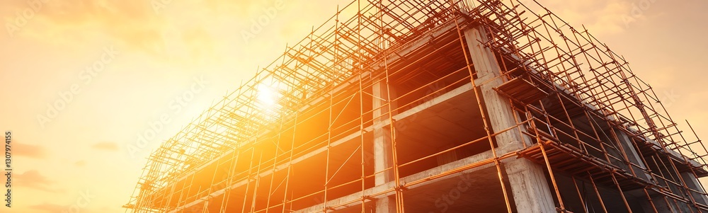 Aufkleber Sunset illuminates a construction site with scaffolding, highlighting the building process.