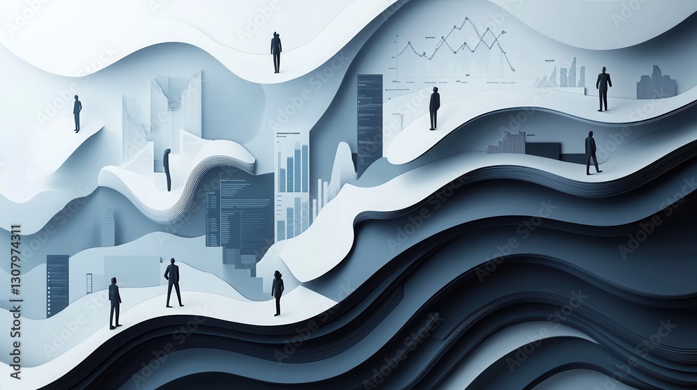 Poster Sophisticated layered paper art illustrating political analysis with interconnected silhouettes and data graphics in structured design Generative AI